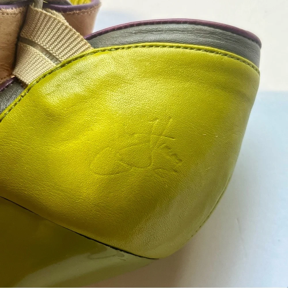 SOLD Fluevog Elif Mary Jane Mini Heels Shoes Olive Green Purple Buckle Strap - Picture 10 of 14